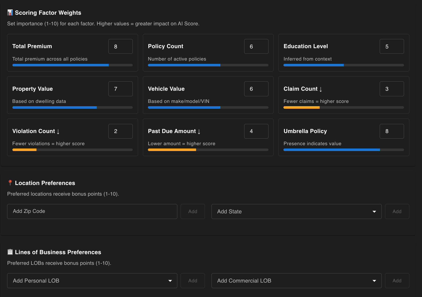 Sliders setting how much premium, policy count, property value, claims, and violations affect a score