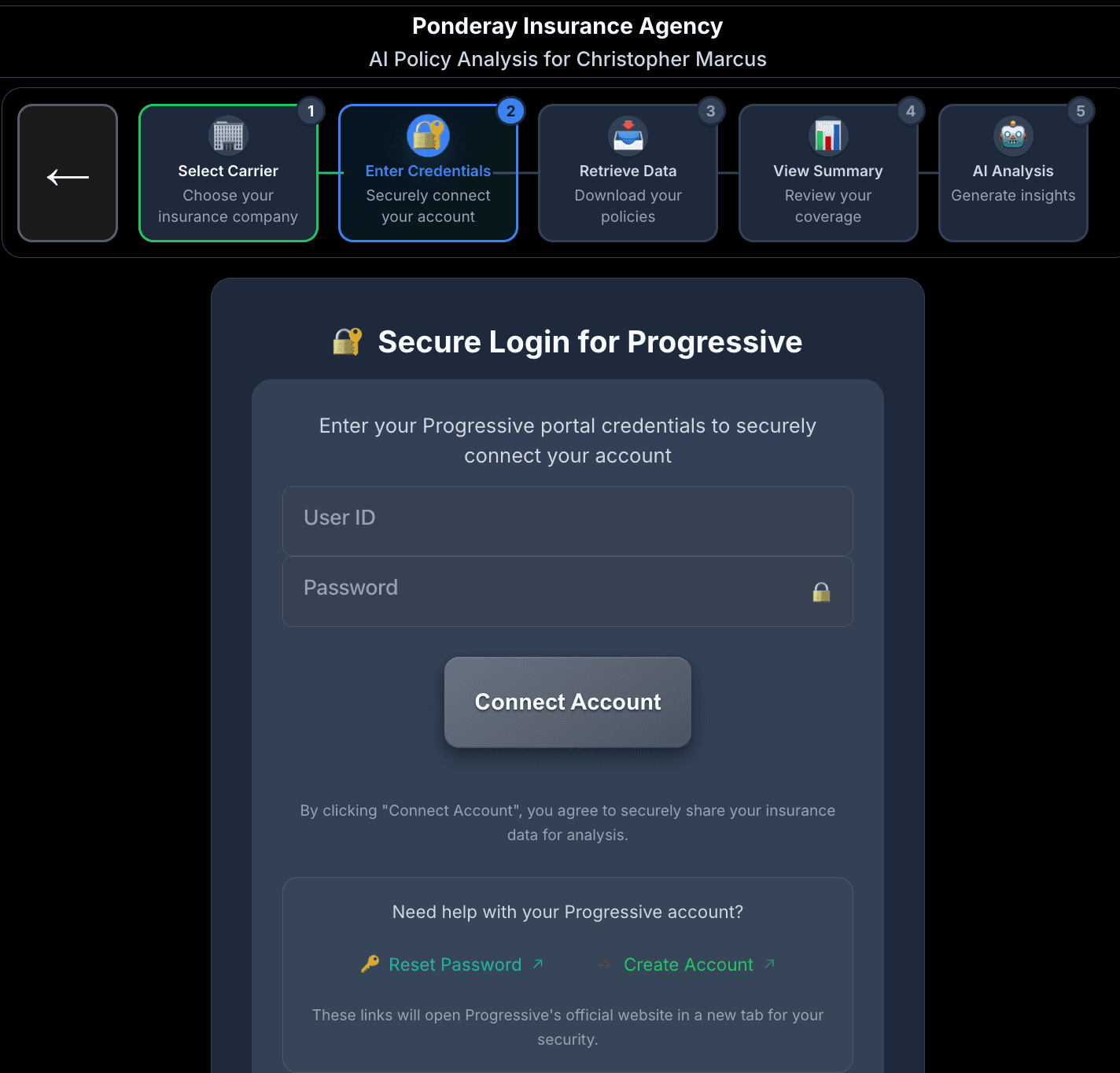 The client-facing app, branded to the agency, walking a customer through connecting their carrier account