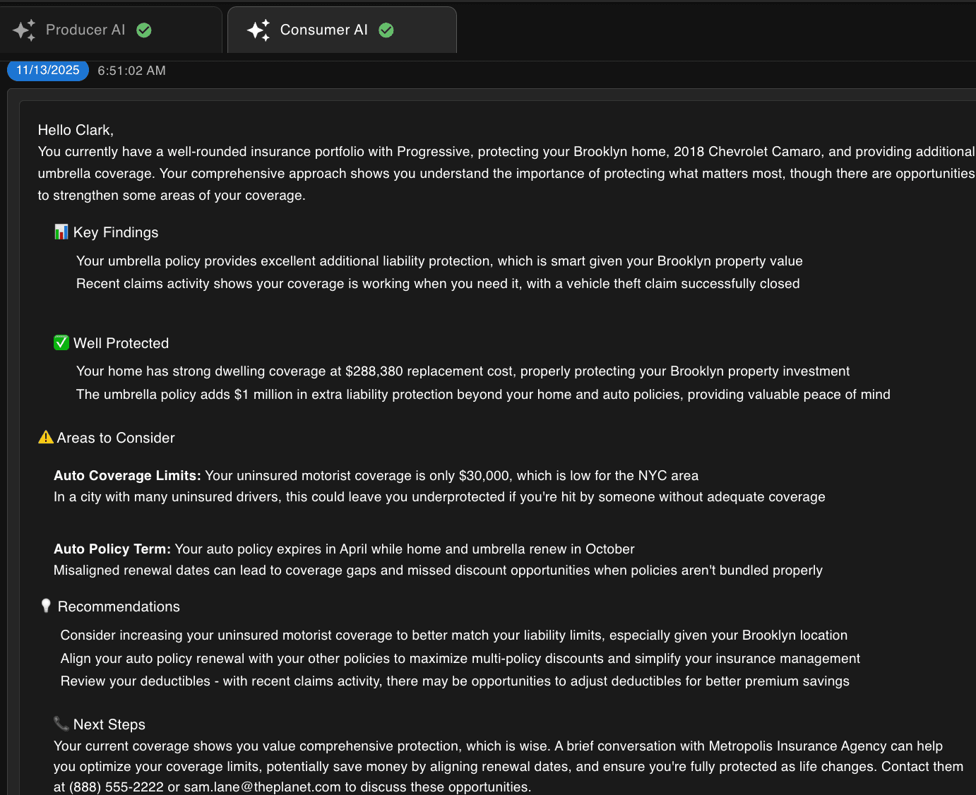 A client-ready coverage review letter with findings, areas to consider, and recommendations