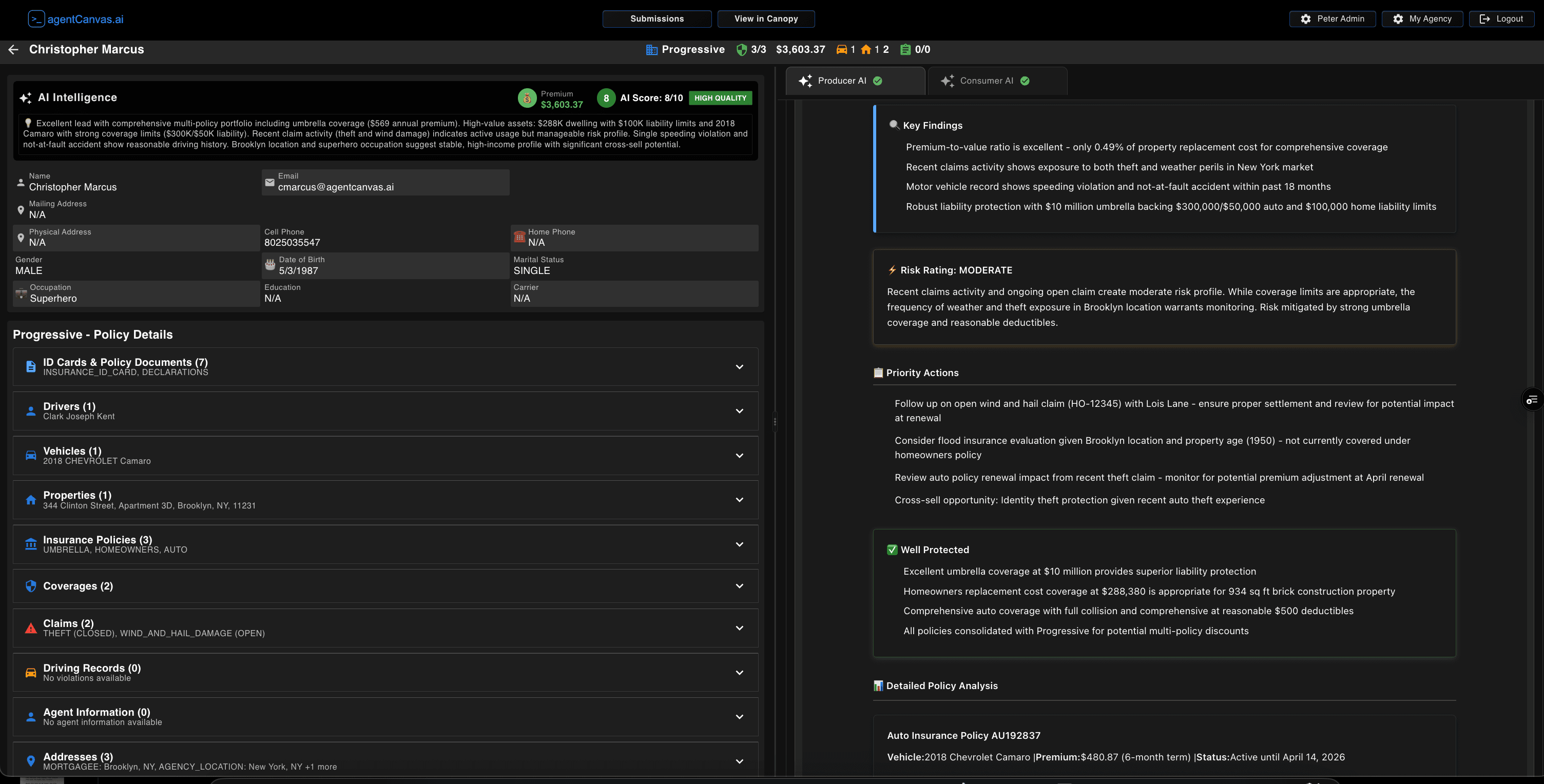 A client record showing policies, drivers, vehicles, property, and claims, with the AI assessment beside it