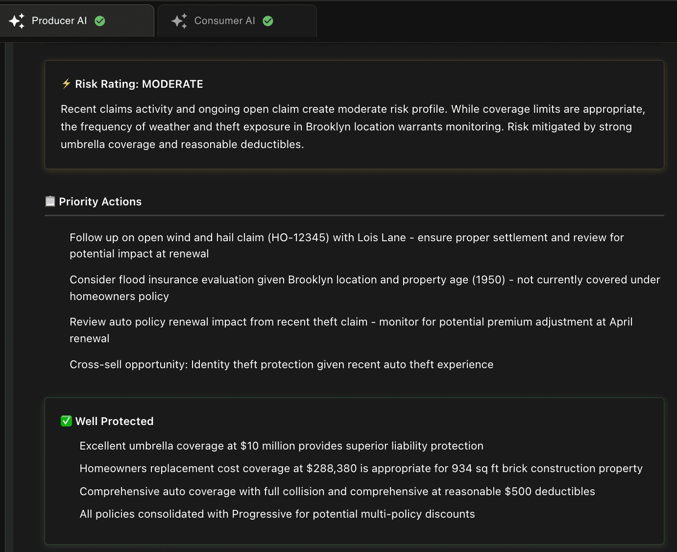 Producer briefing with a risk rating, priority actions, and a list of what is already well covered