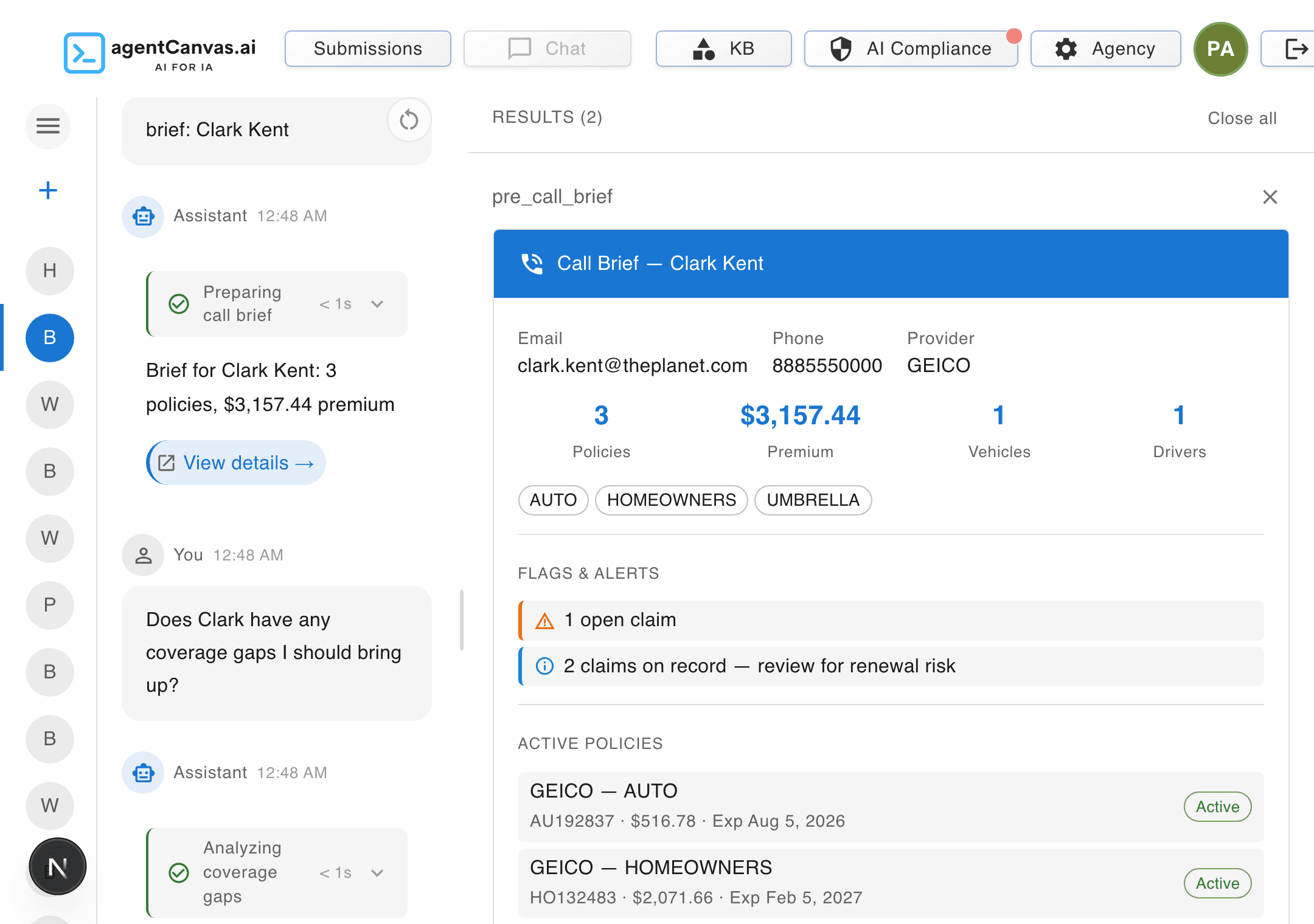Chat answering a coverage question, showing the tools it called and a structured call brief