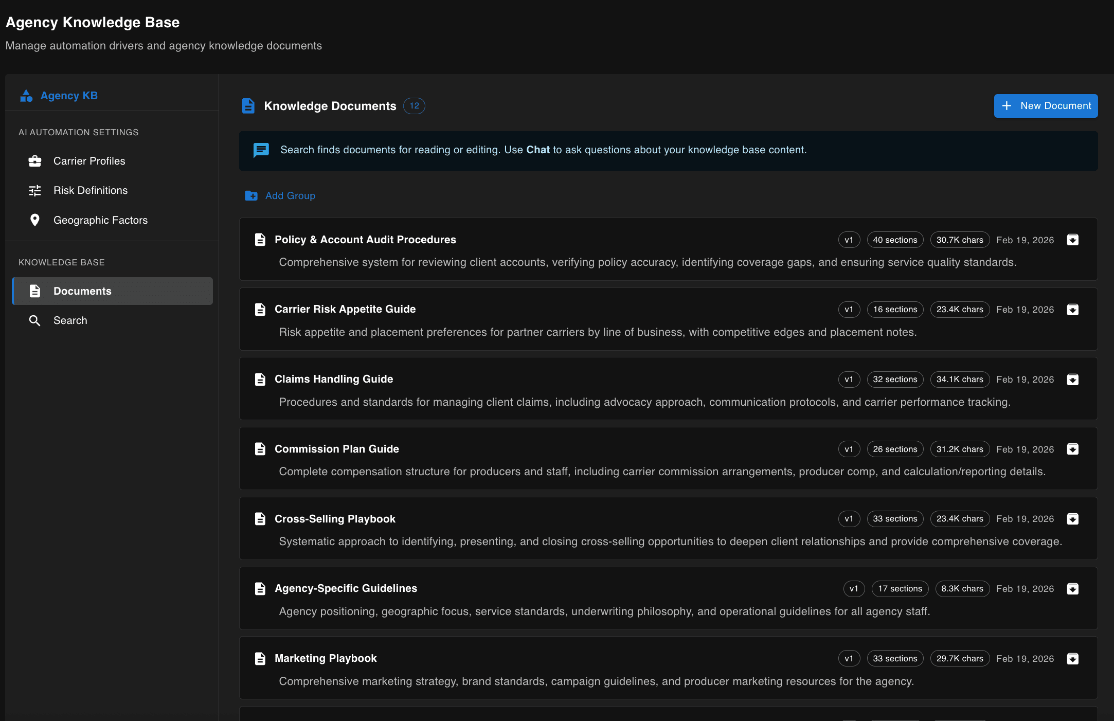 Knowledge base document list with descriptions and versions