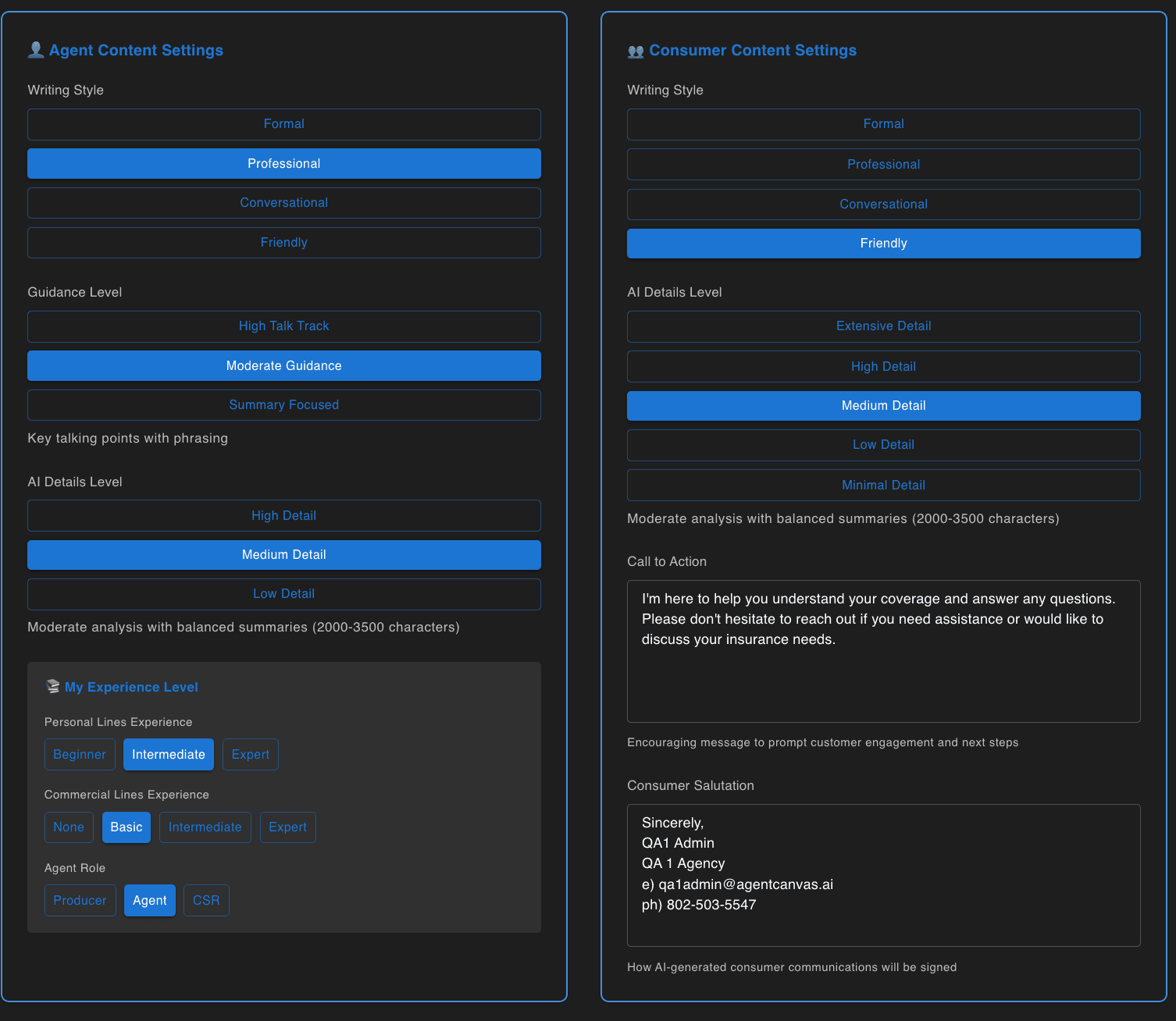 Settings for writing style, level of guidance, and detail, separately for producers and for clients