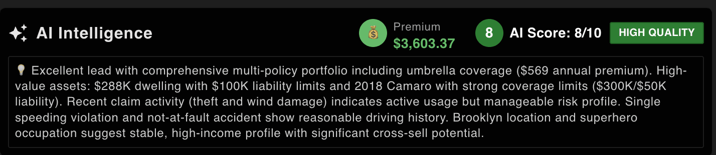 An AI score of 8 out of 10 with the premium and a written explanation of the rating