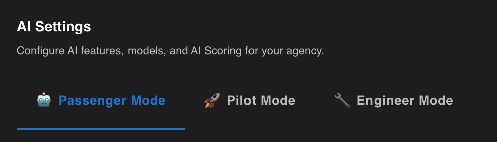 AI settings offering three levels of autonomy, from suggesting only through to doing the work