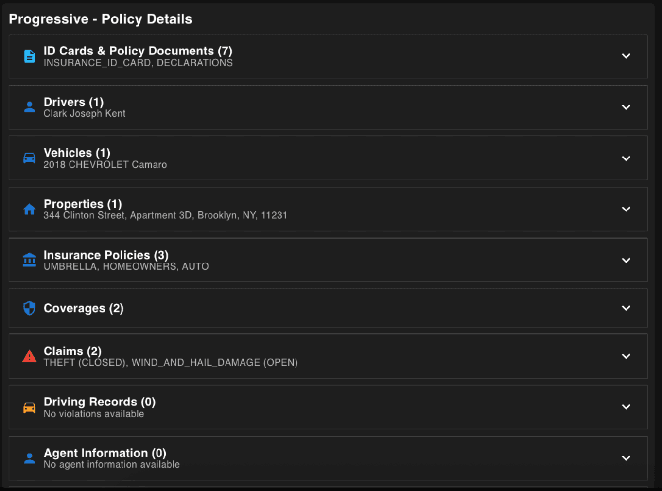 Policy detail pulled from a carrier showing documents, drivers, vehicles, properties, policies, coverages, and claims